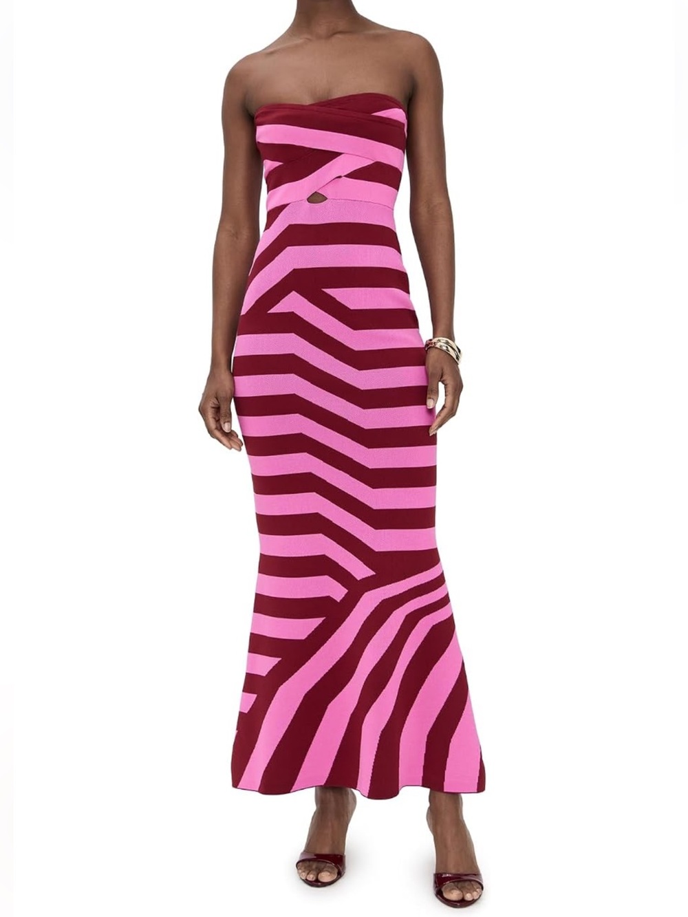 💗 The Wolf Gang Lilac Strapless Pink and Burgundy Stripe Maxi Dress